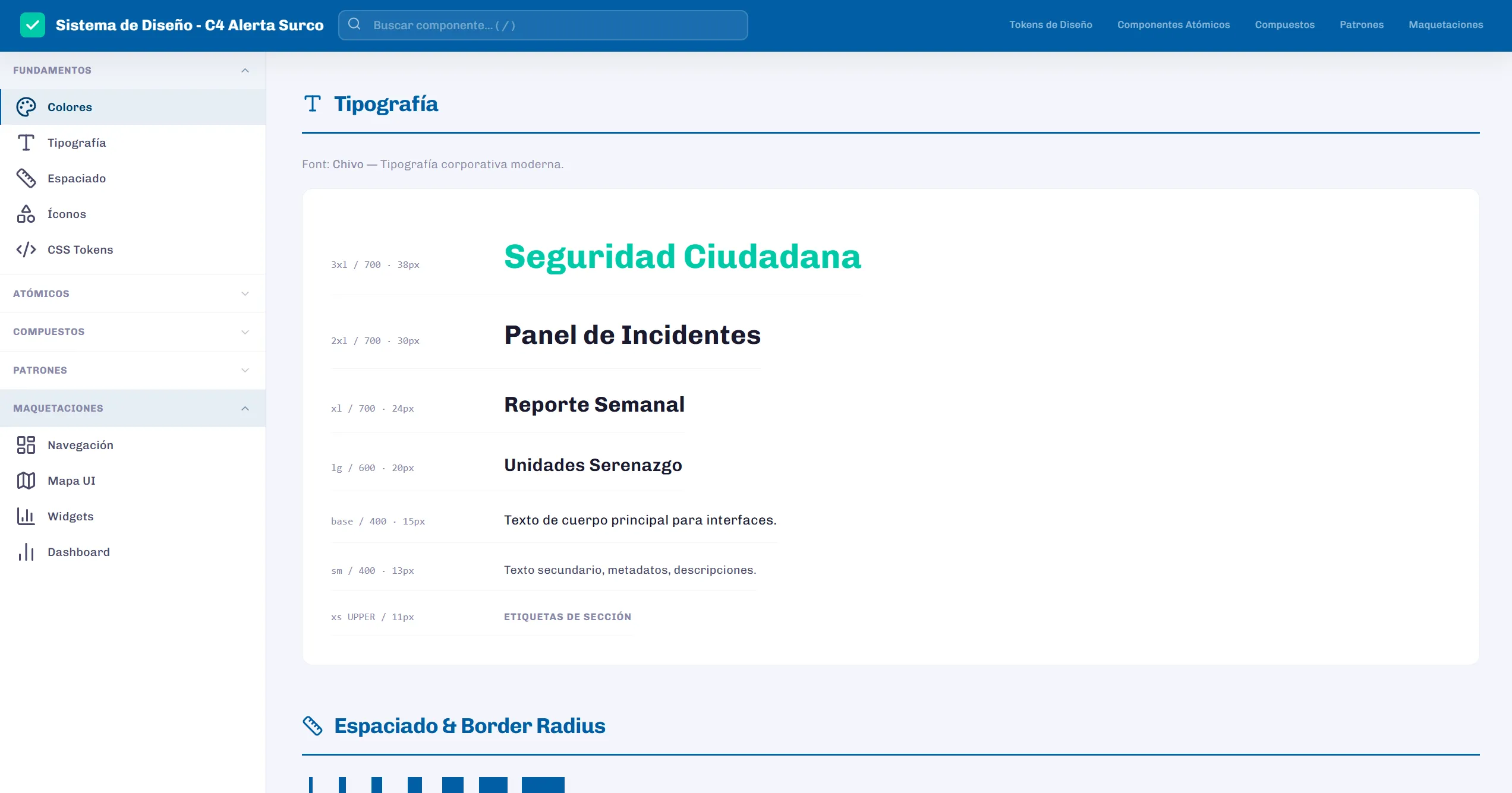 Design system C4 Alerta Surco — tokens, componentes y layouts