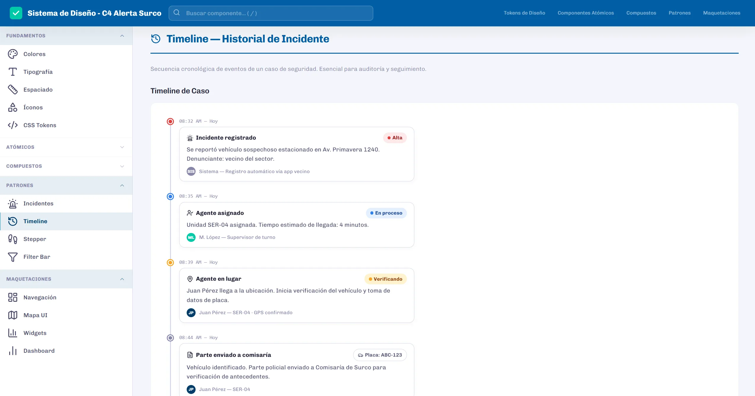 Patrones de diseño: tarjeta de incidente, timeline y stepper
