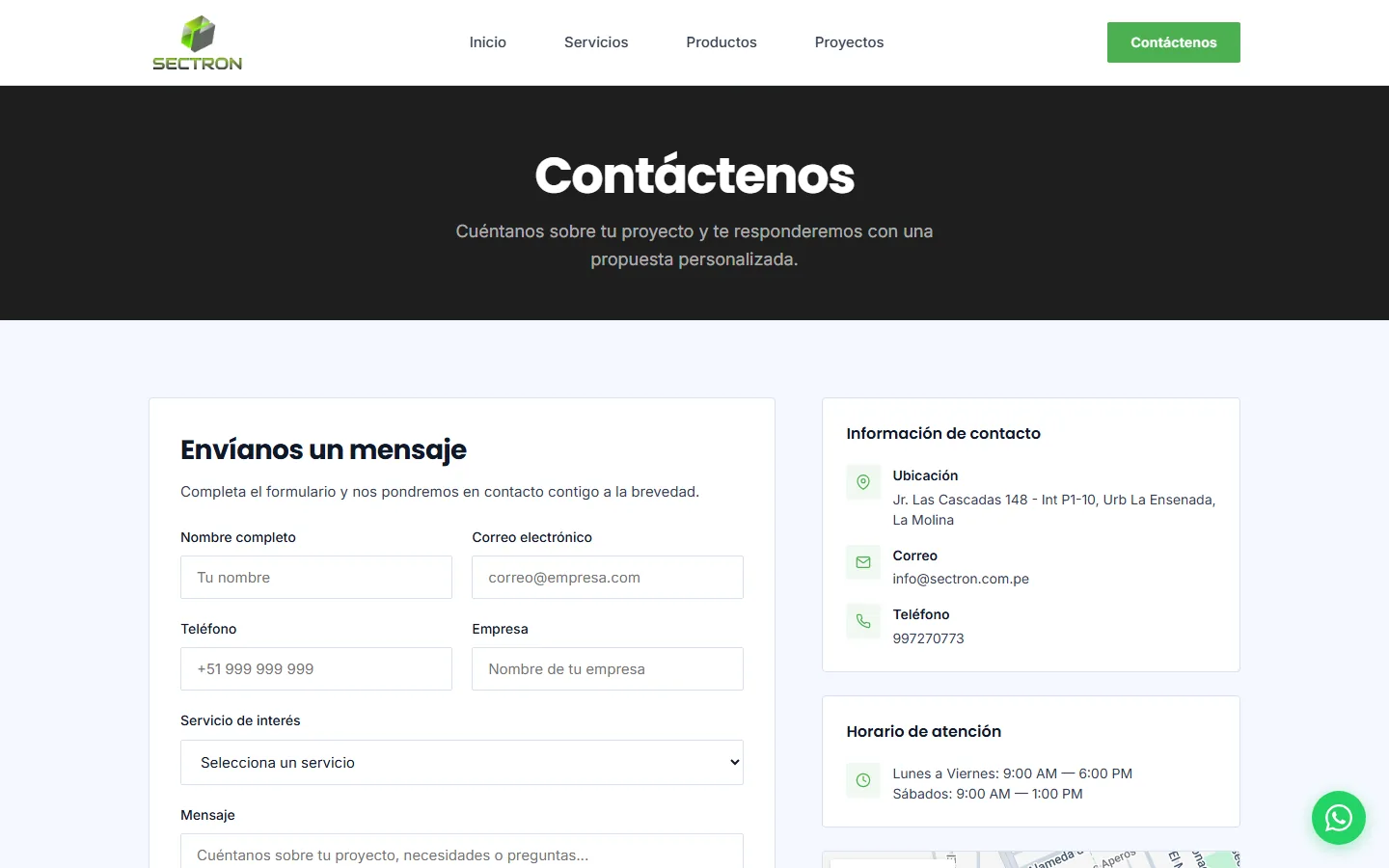 Contacto: formulario y WhatsApp para cotización