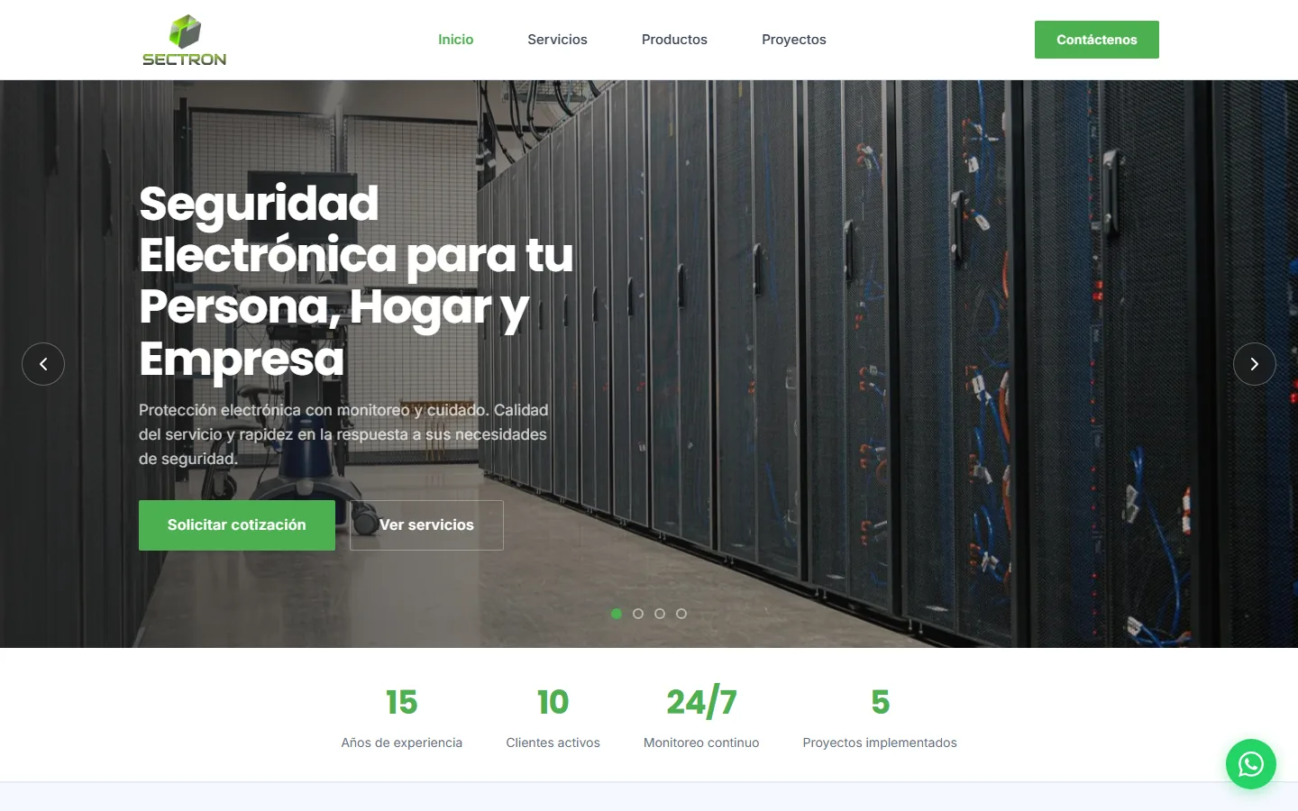 Inicio: hero con CTA, barra de métricas y sección de servicios