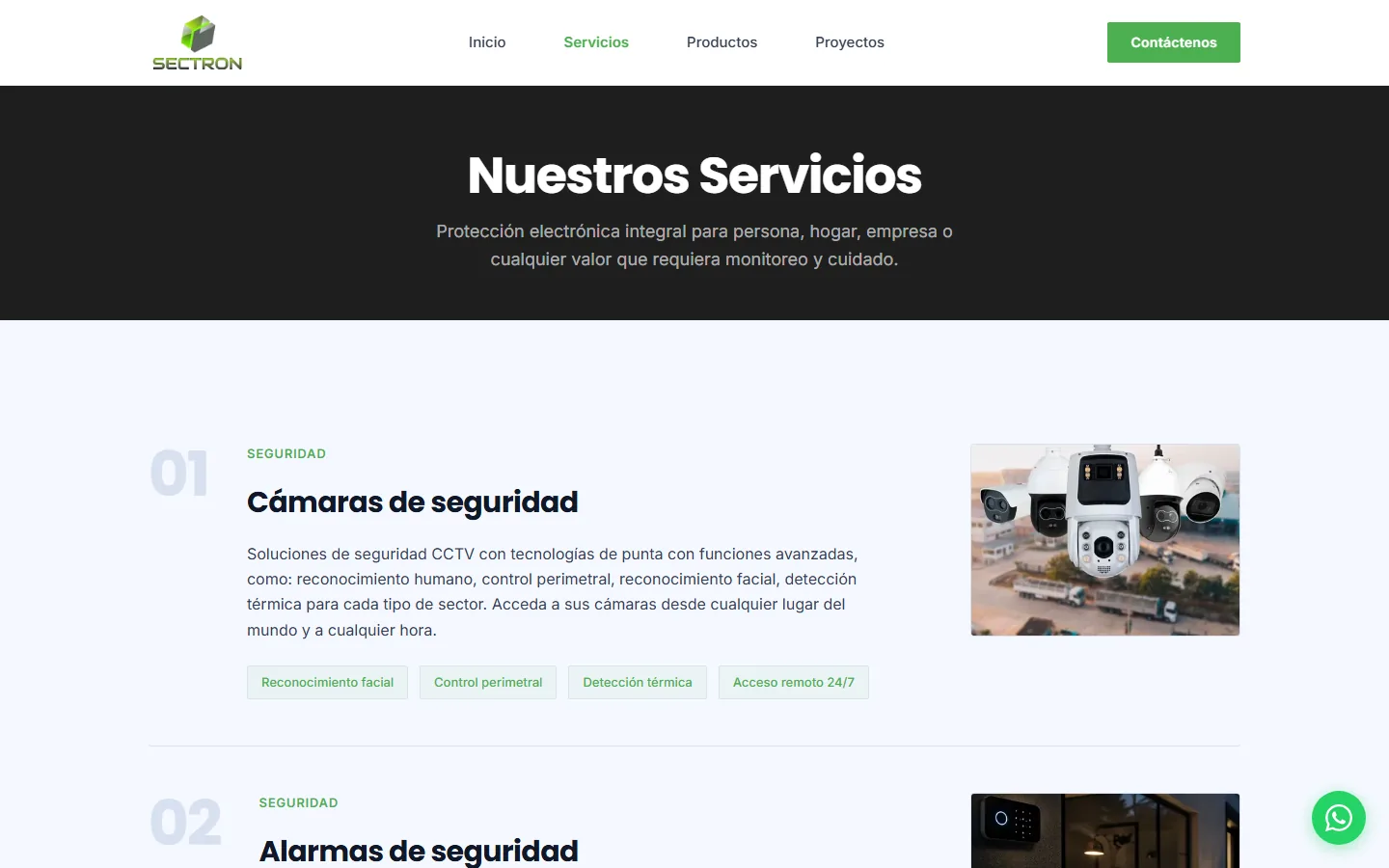 Servicios: 8 líneas numeradas por categoría